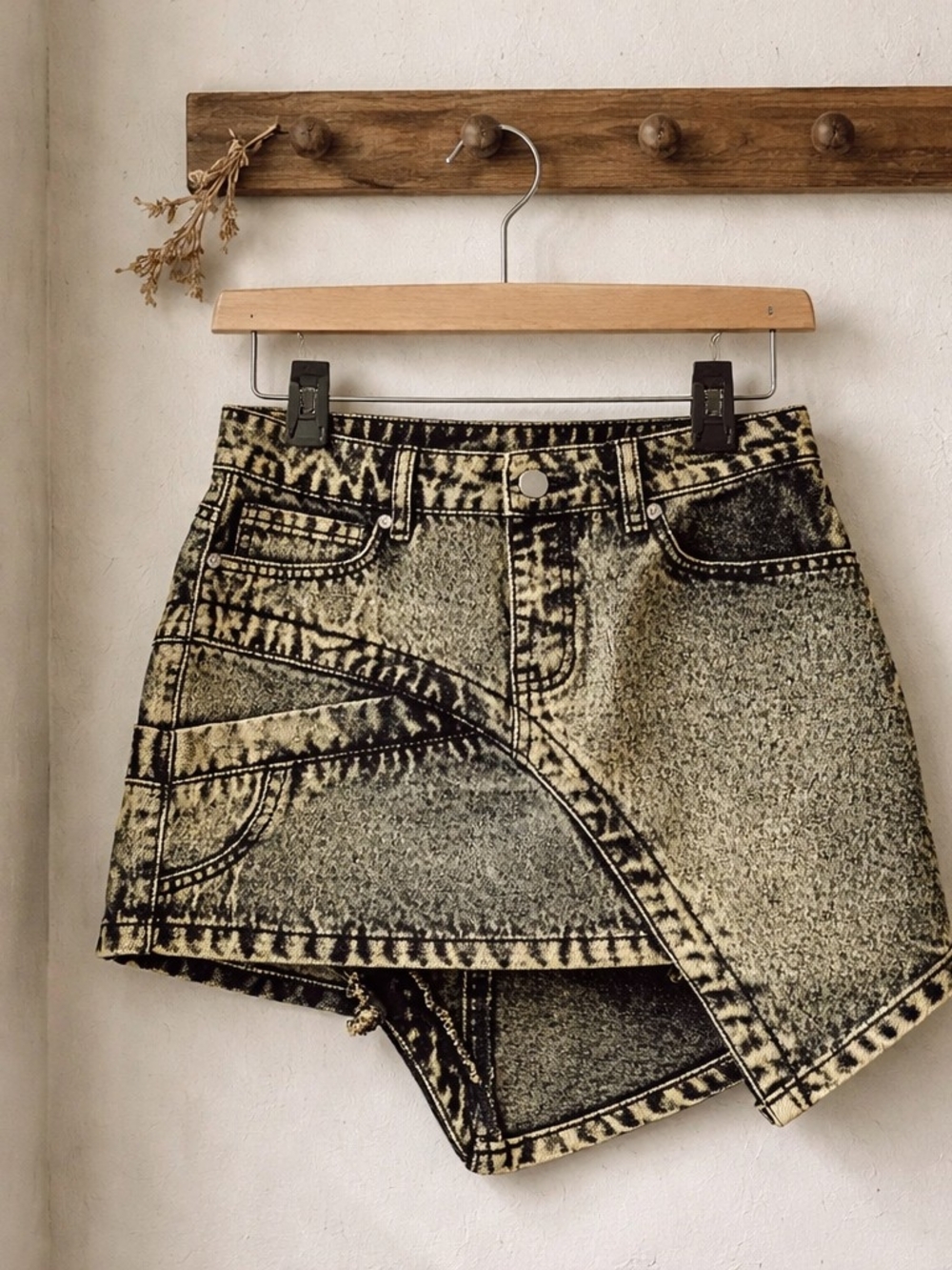 Acid Wash Denim Skort with Asymmetric Wrap Front